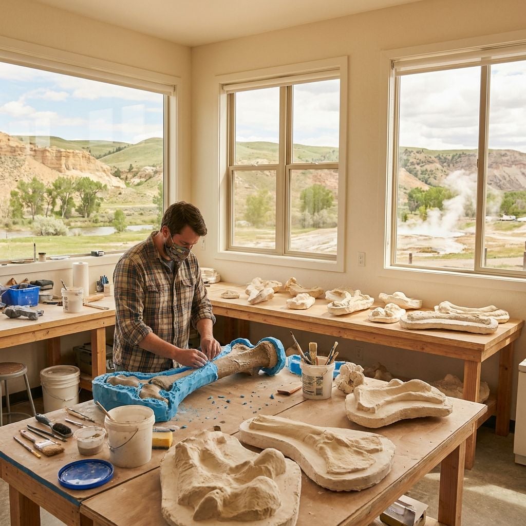 A person is working on a sculpture in a well-lit studio with large windows overlooking a scenic landscape.