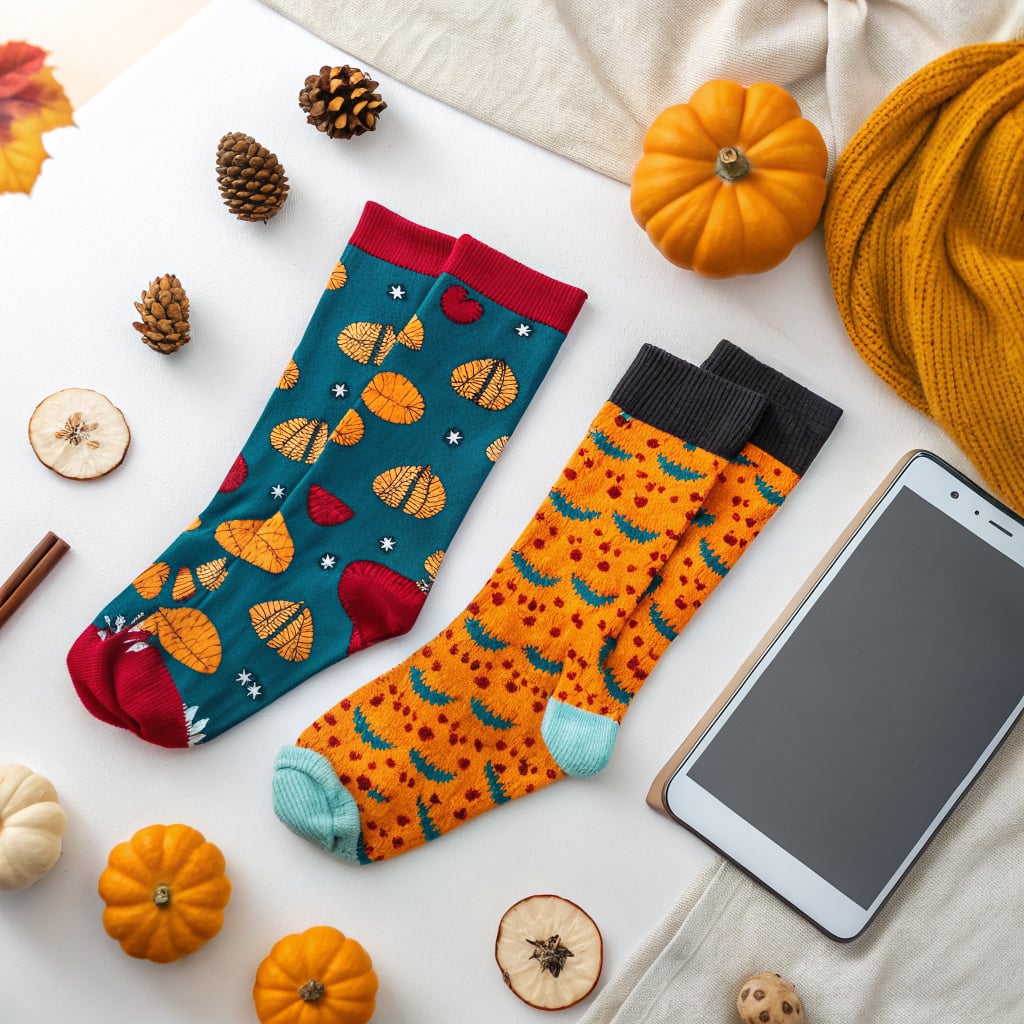 A flat lay of colorful socks surrounded by autumn-themed decorations.