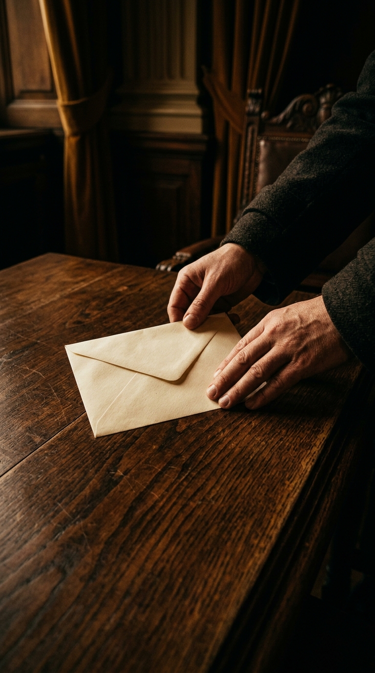 A person is placing a sealed envelope on a wooden table.