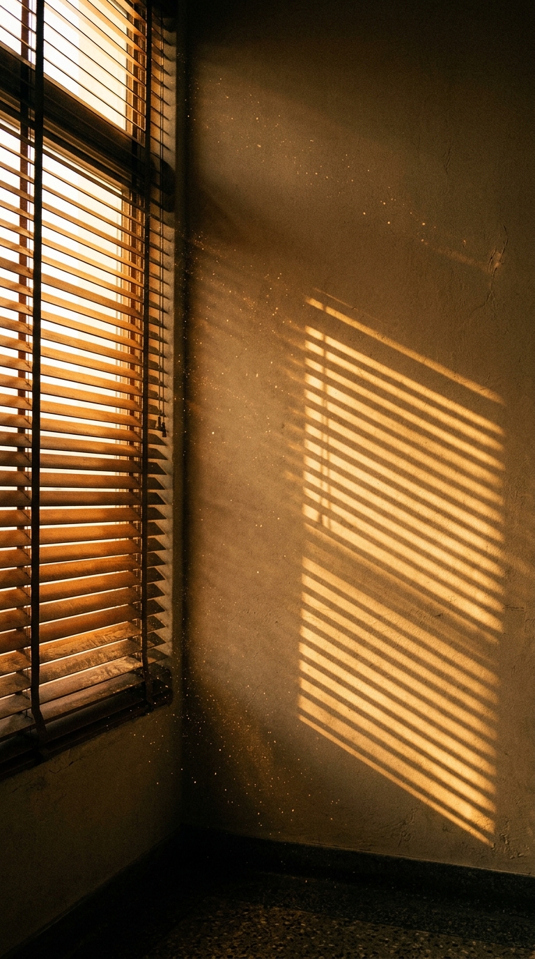 A sunlit corner of a room with wooden blinds casting shadows on the wall.