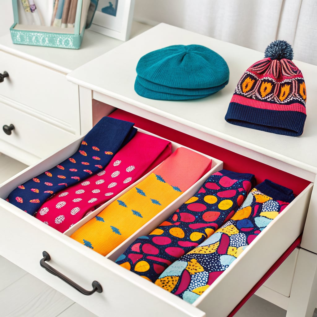 A drawer filled with colorful socks and a teal cap and patterned hat on top.