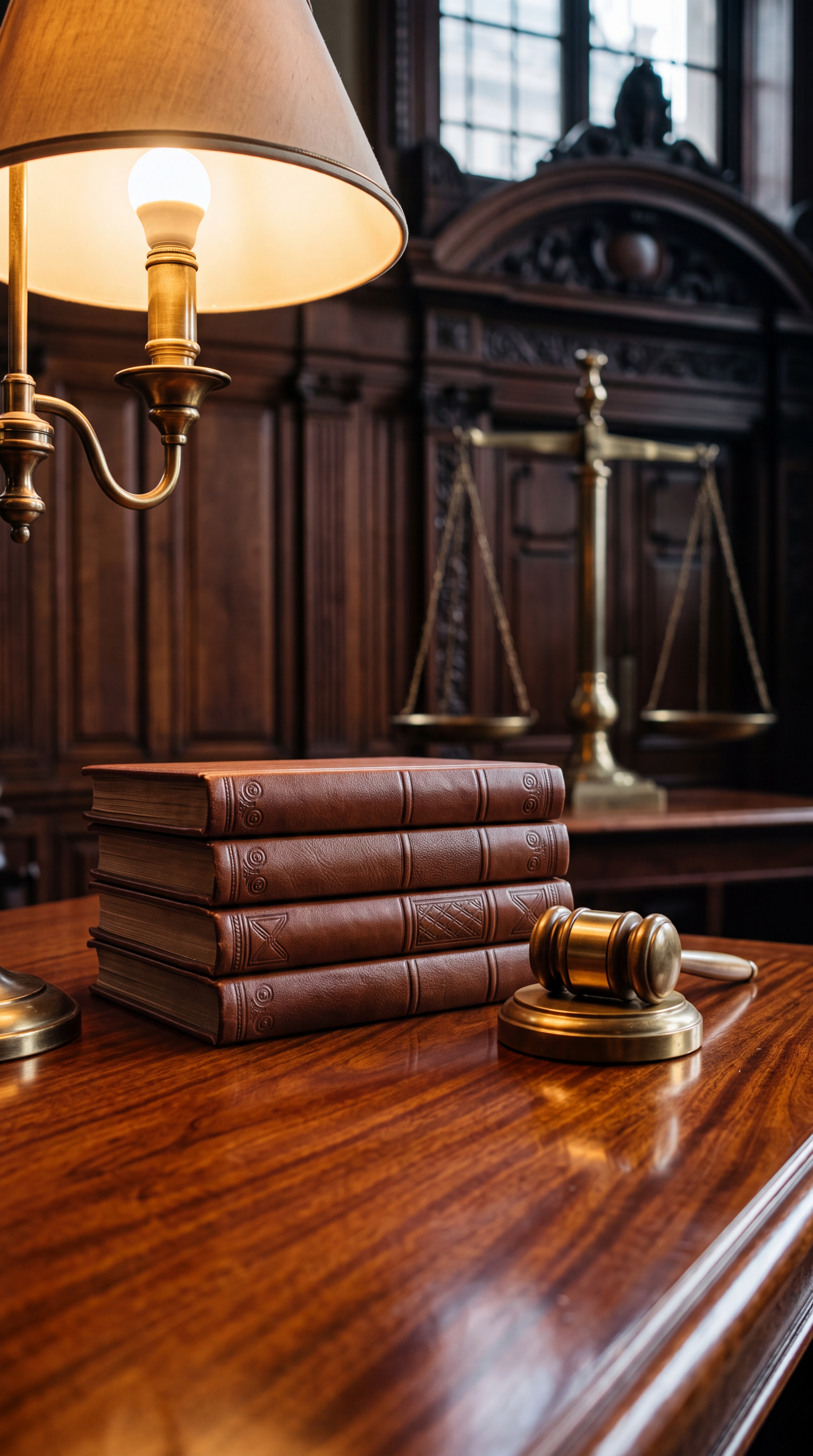 A wooden desk with stacked law books, a gavel, and a lamp in a courtroom setting.