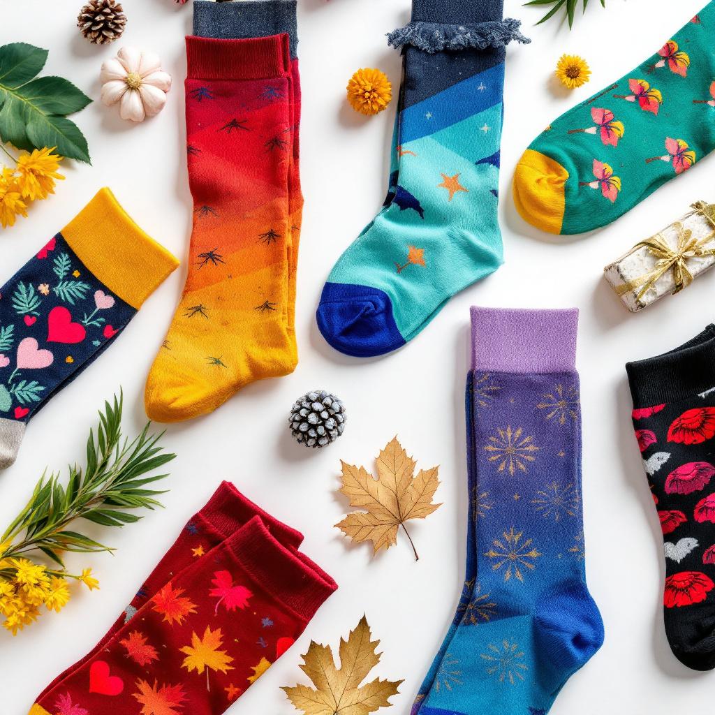 A flat lay arrangement of colorful socks surrounded by autumn leaves and decorative elements.