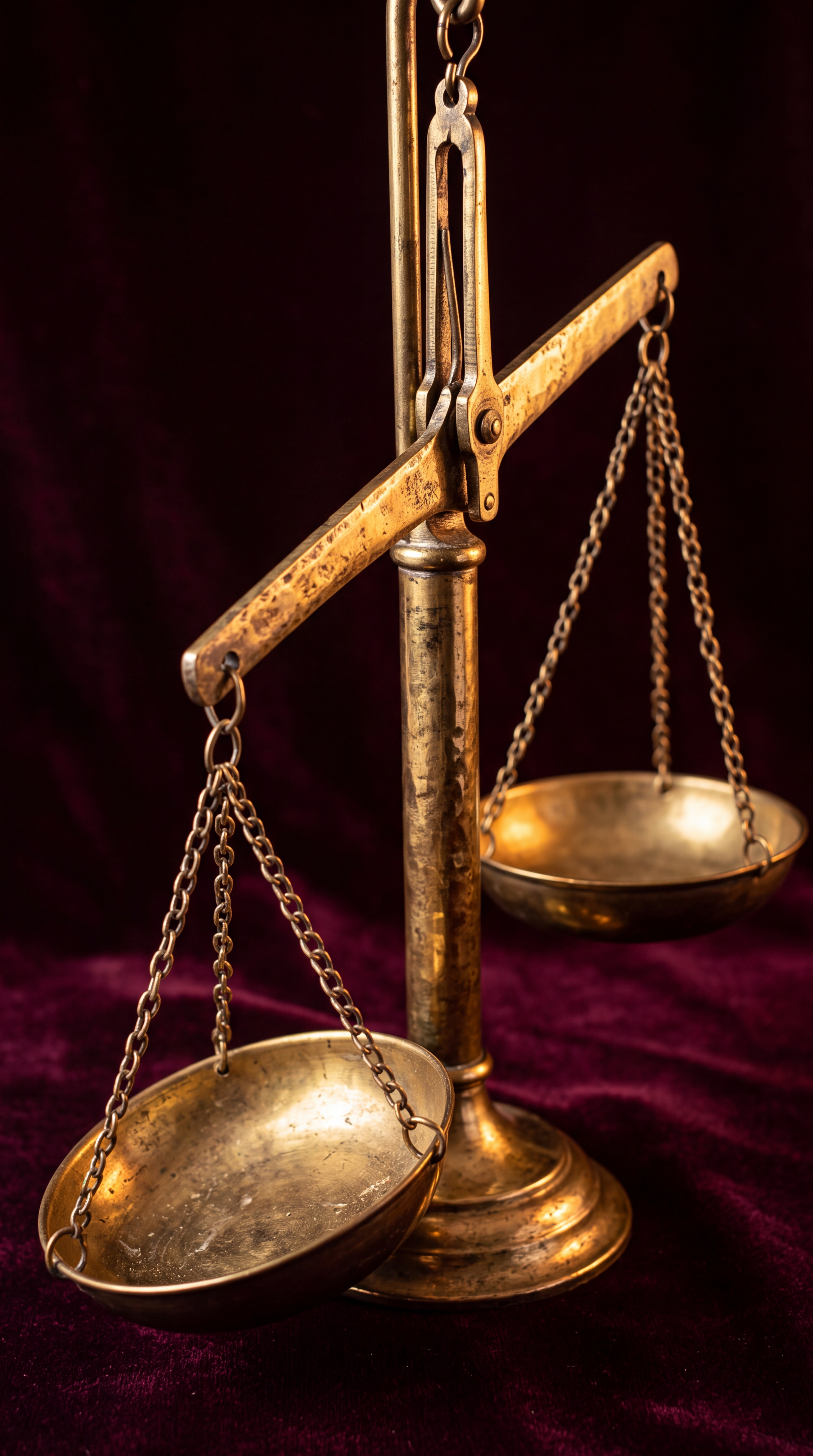 A vintage brass balance scale with two bowls suspended by chains.
