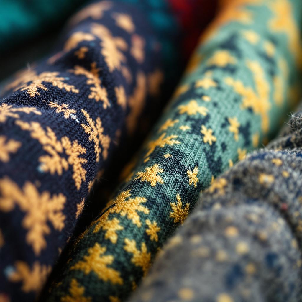 The image shows a close-up of various patterned fabrics rolled together.