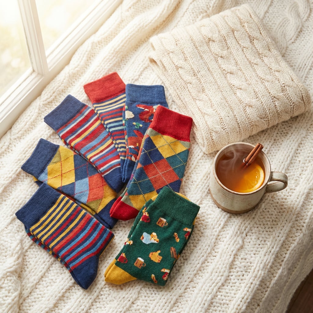 A cozy arrangement of colorful socks next to a cup of tea on a knitted blanket.
