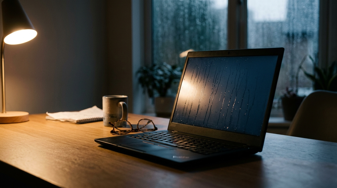 A laptop sits on a wooden desk beside a cup and glasses, with rain visible on the window.