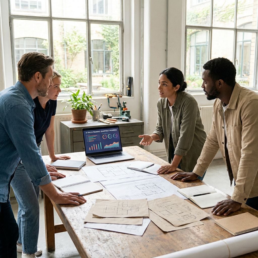A group of four professionals discussing plans around a table with a laptop and sketches.