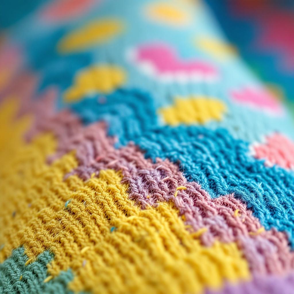 a close-up of a colorful knitted fabric with various patterns