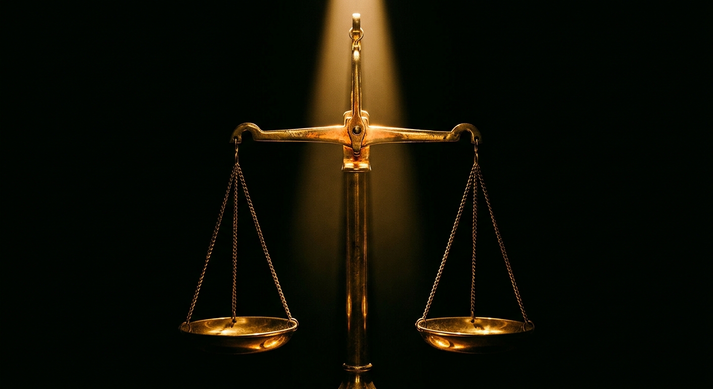 A golden balance scale is illuminated against a dark background.
