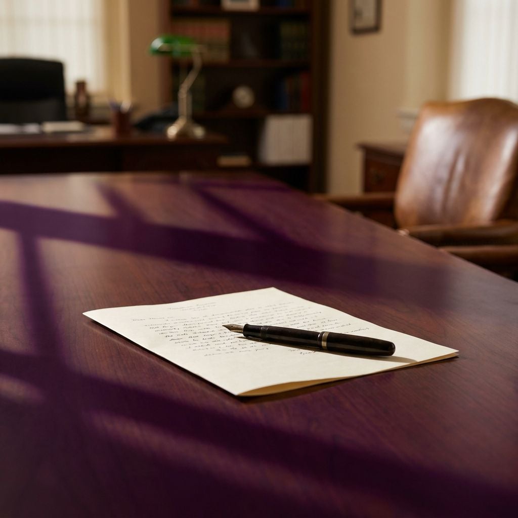 A pen rests on a piece of paper on a wooden desk in an office setting.