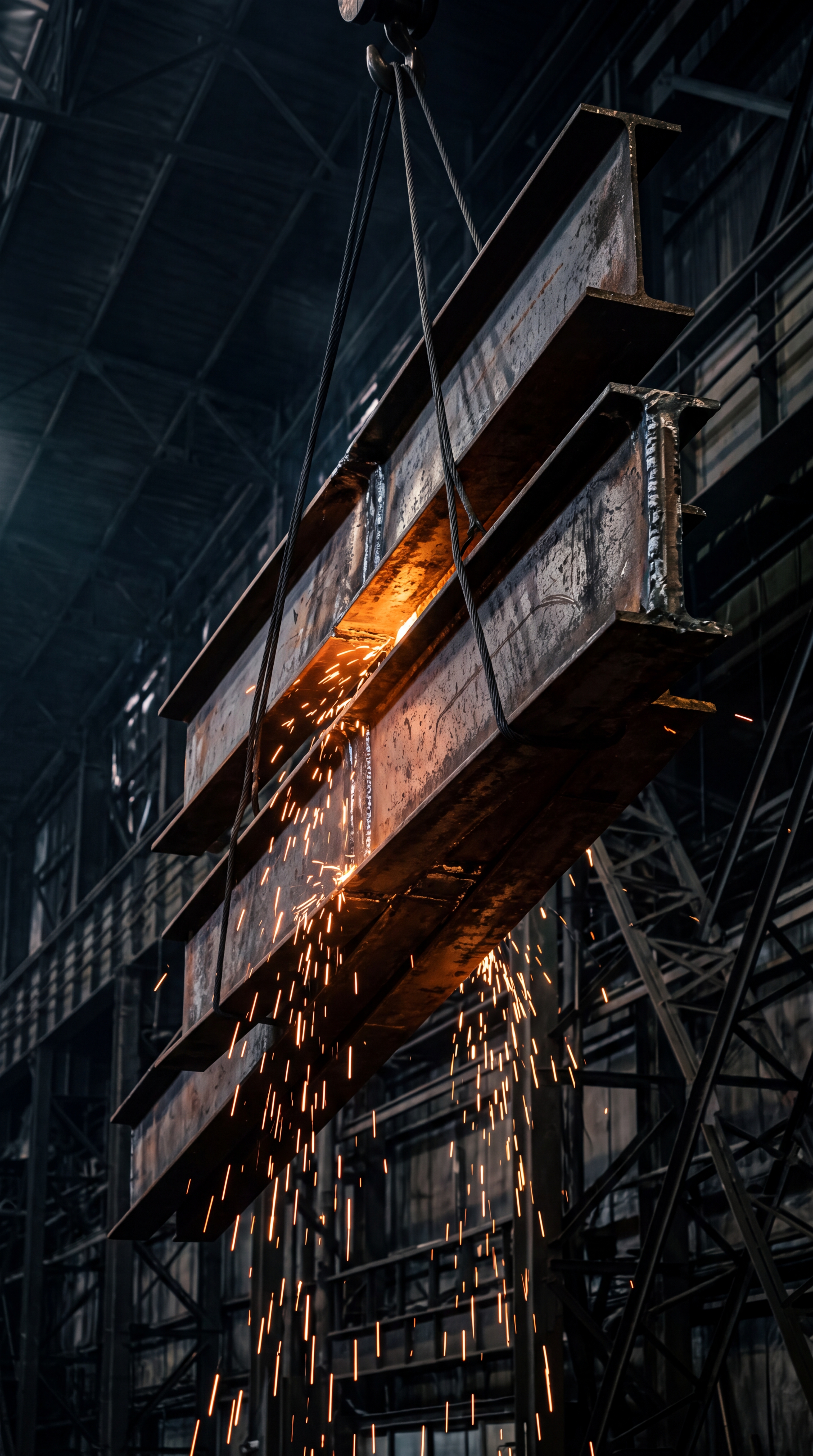 A steel beam is being lifted in an industrial setting with sparks flying.