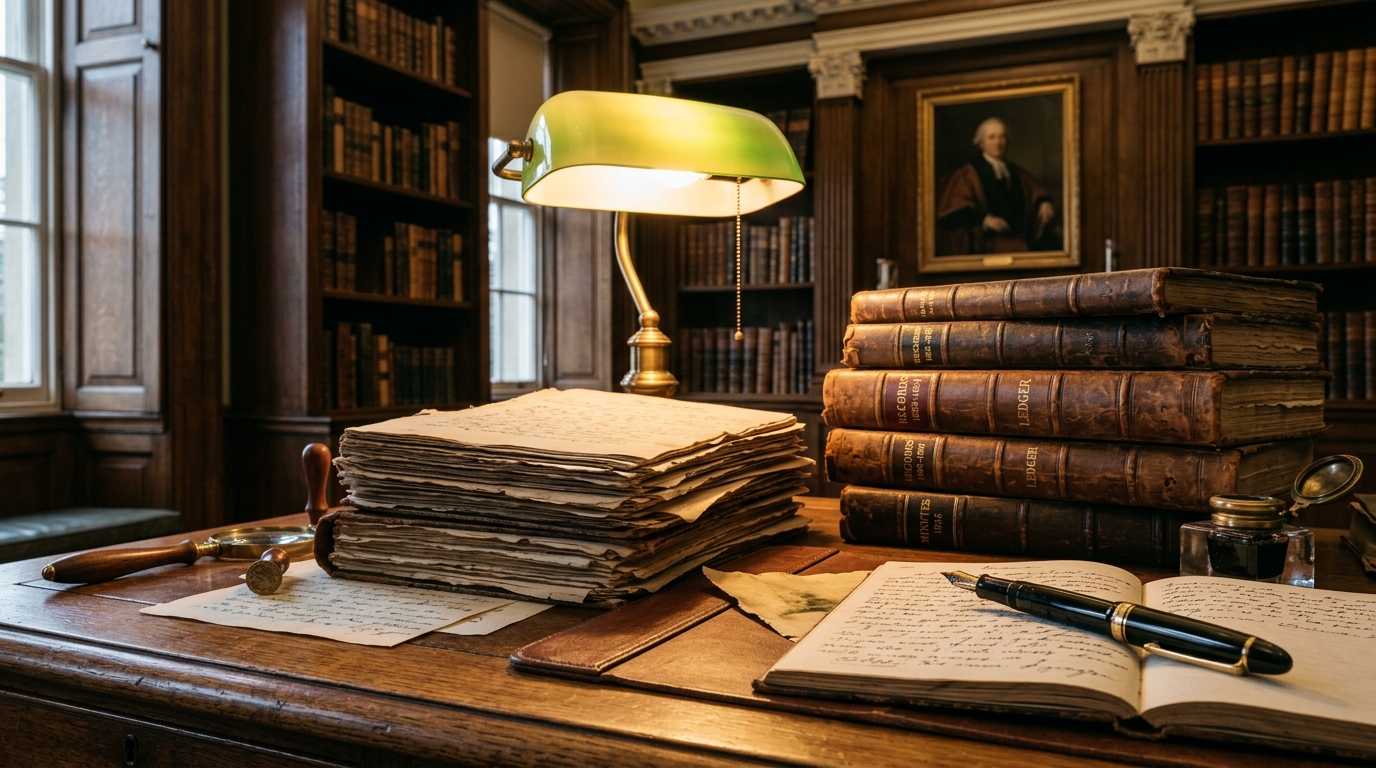 A vintage study with stacks of old books, handwritten notes, and a green desk lamp.