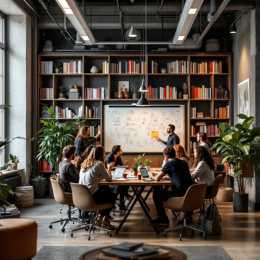 A group of people is engaged in a brainstorming session in a modern conference room.