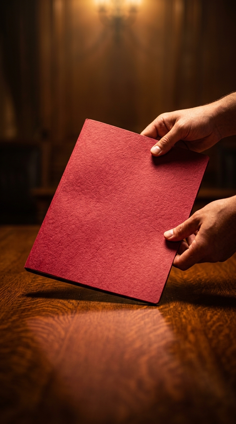 A person holding a red folder over a wooden table.