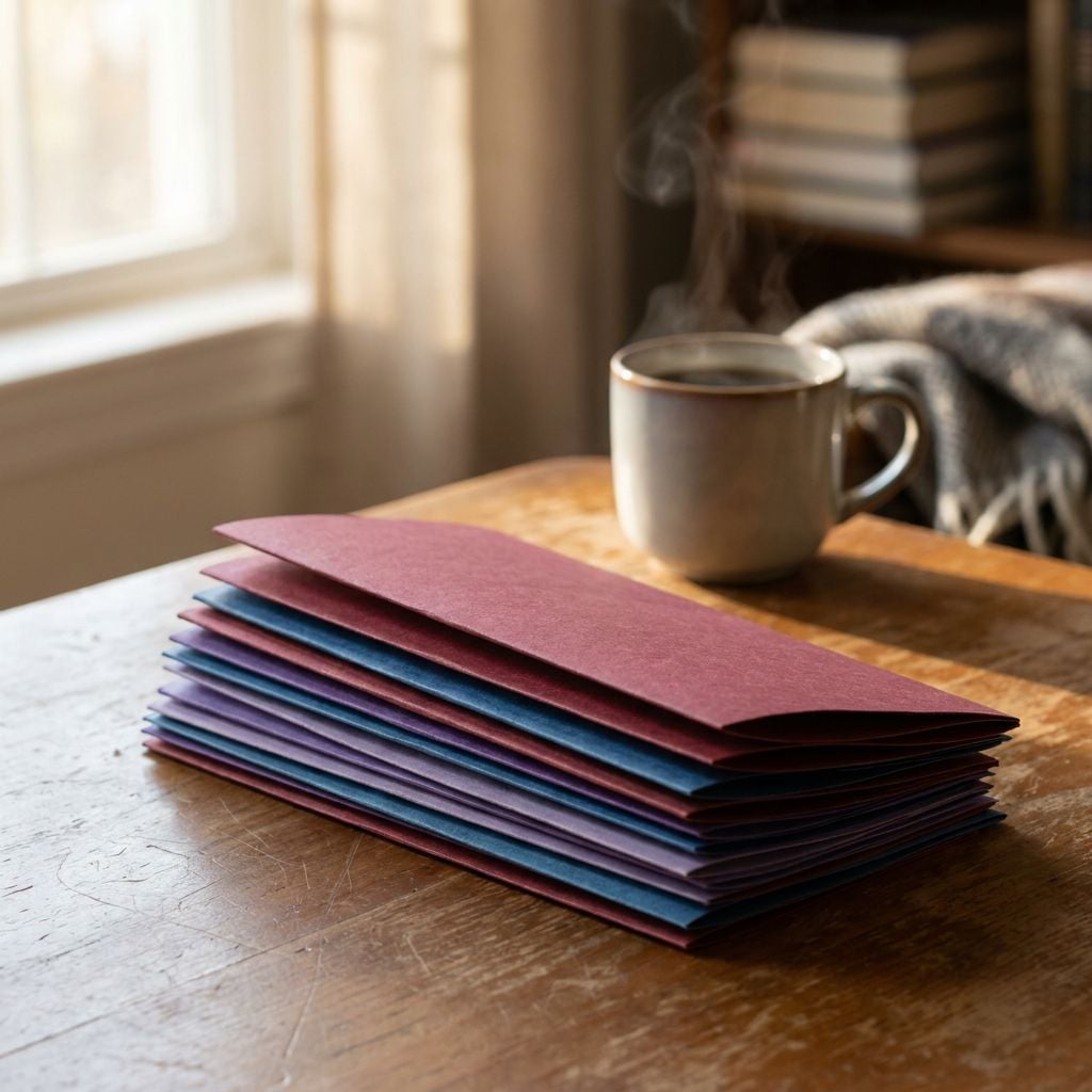 A stack of colorful envelopes sits on a wooden table next to a steaming cup of coffee.