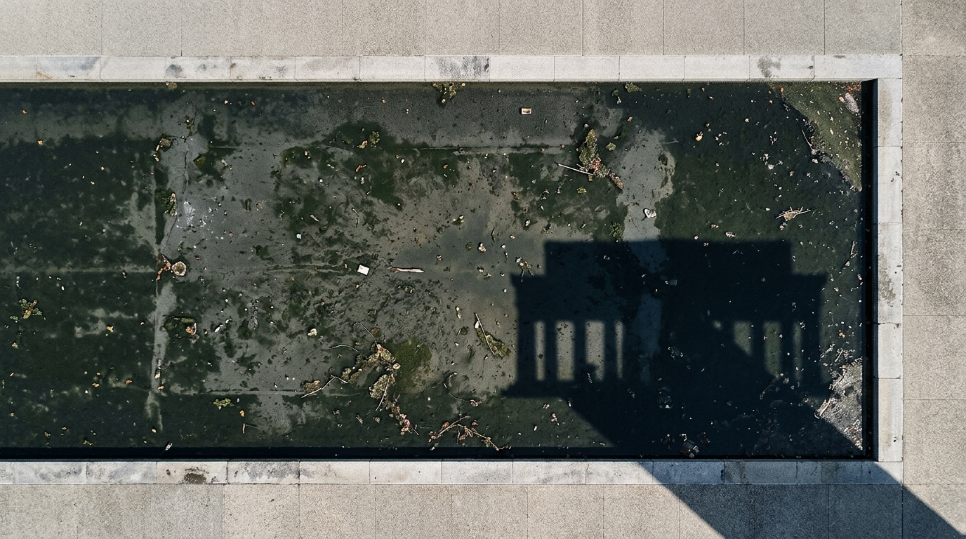 An aerial view of a dirty water pool with a shadow of a structure cast on it.
