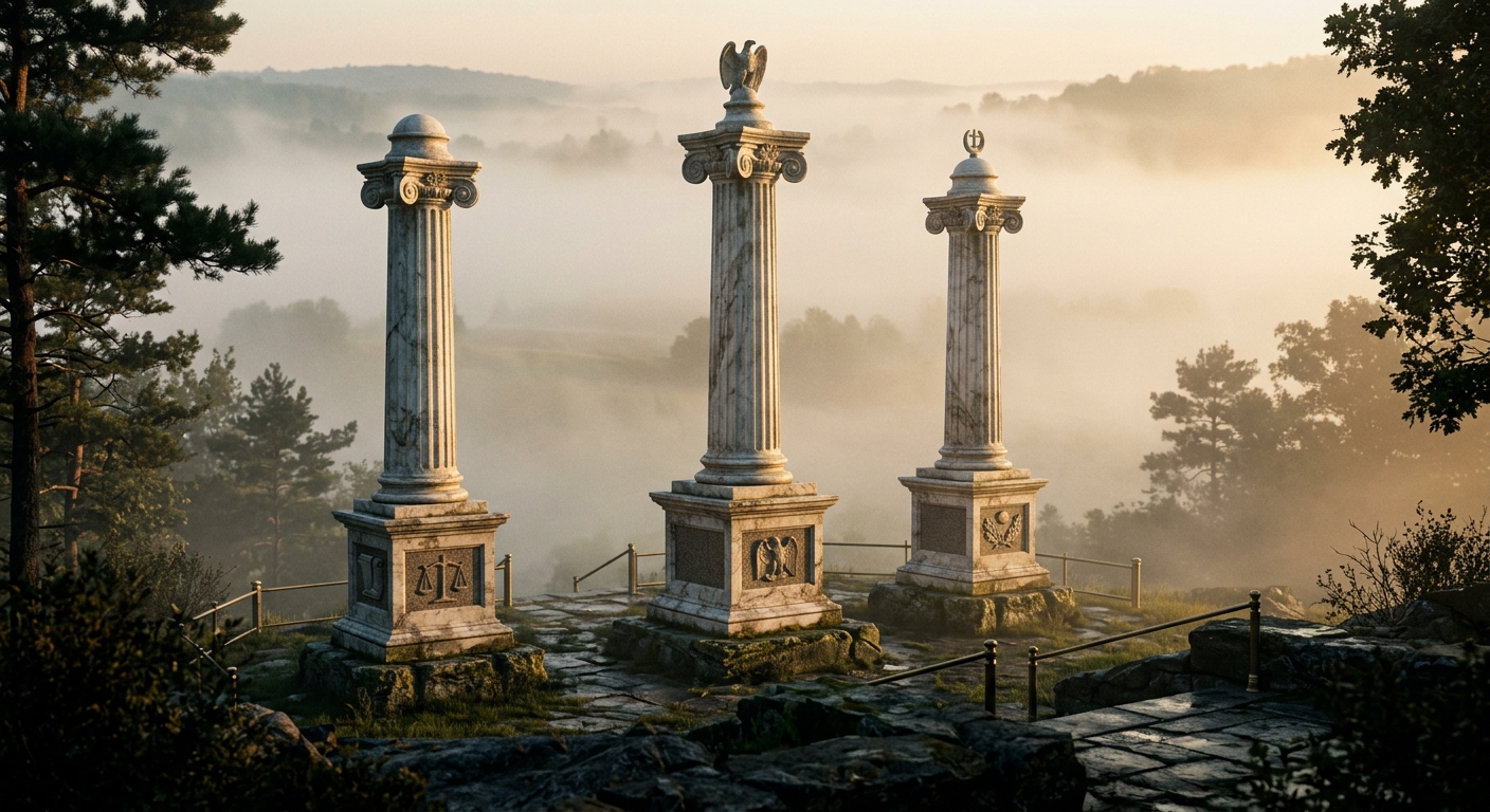 Three marble columns stand in a misty landscape at dawn.