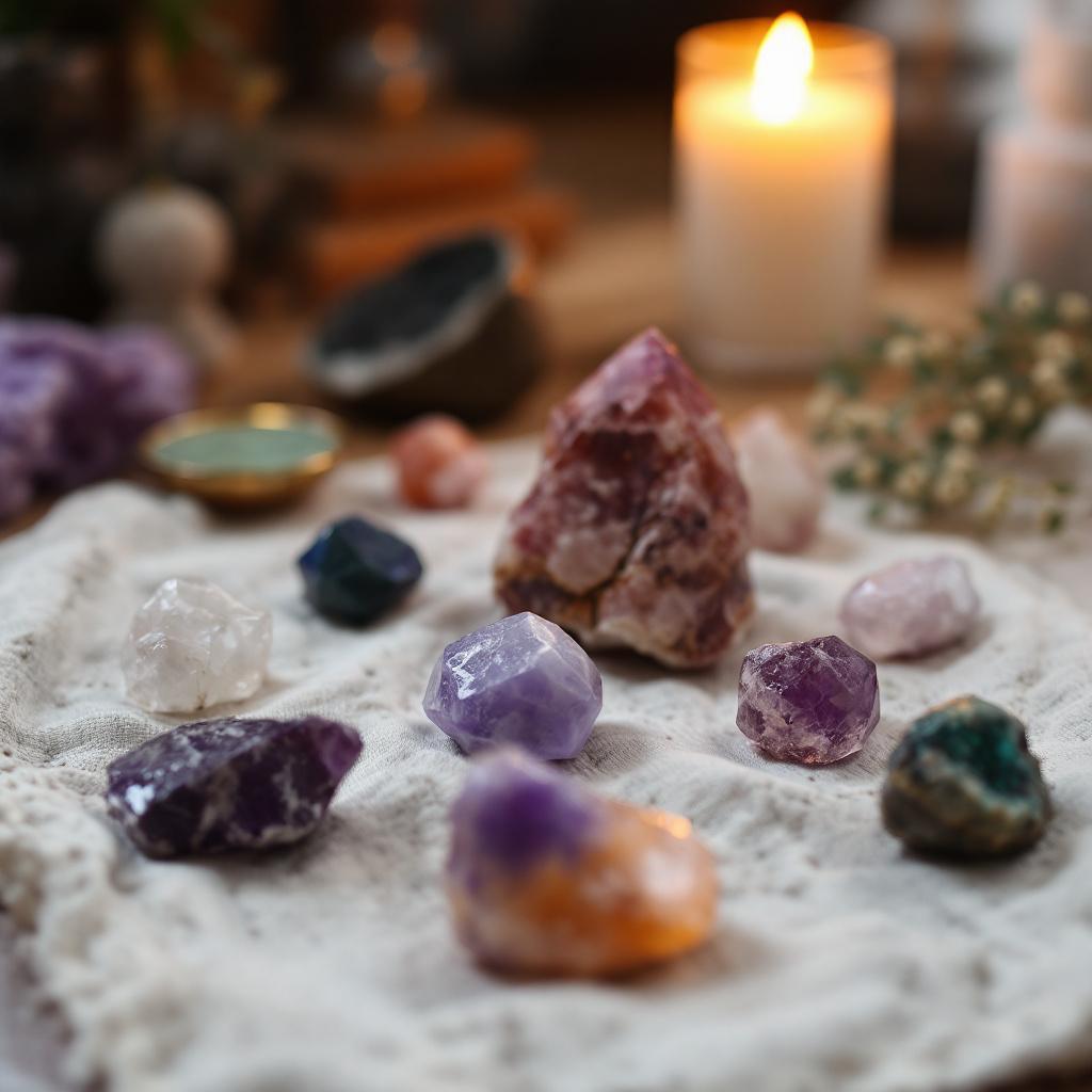 A collection of various crystals and gemstones arranged on a textured cloth with a candle in the background.