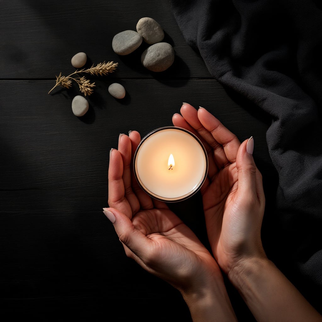 A pair of hands holding a lit candle surrounded by pebbles and dried grass on a dark surface.