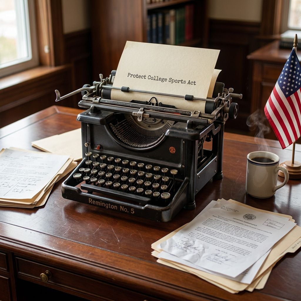 A vintage typewriter with a document titled 'Protect College Sports Act' on a wooden desk next to a coffee cup and an American flag.