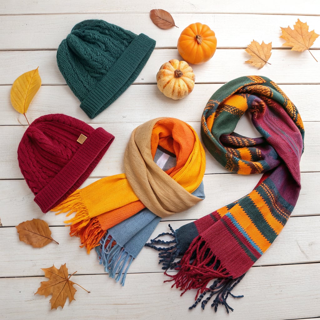 A collection of winter hats and scarves arranged with decorative pumpkins and autumn leaves.