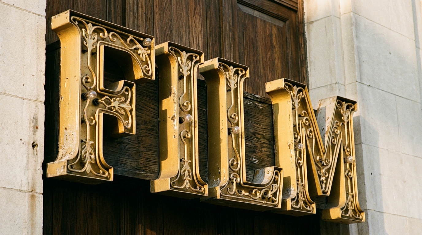 A close-up of a vintage sign that reads 'FILM' in ornate lettering.