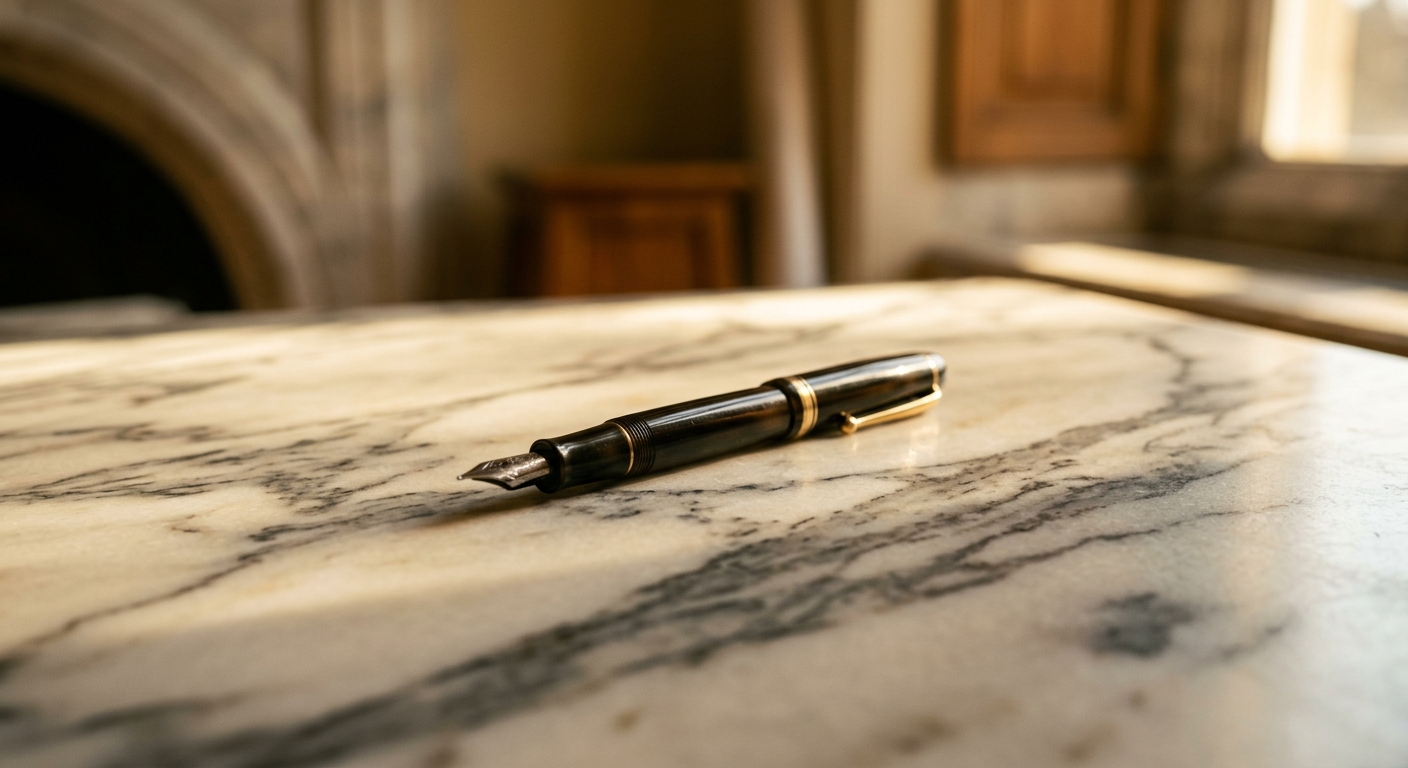 A fountain pen resting on a marble surface.