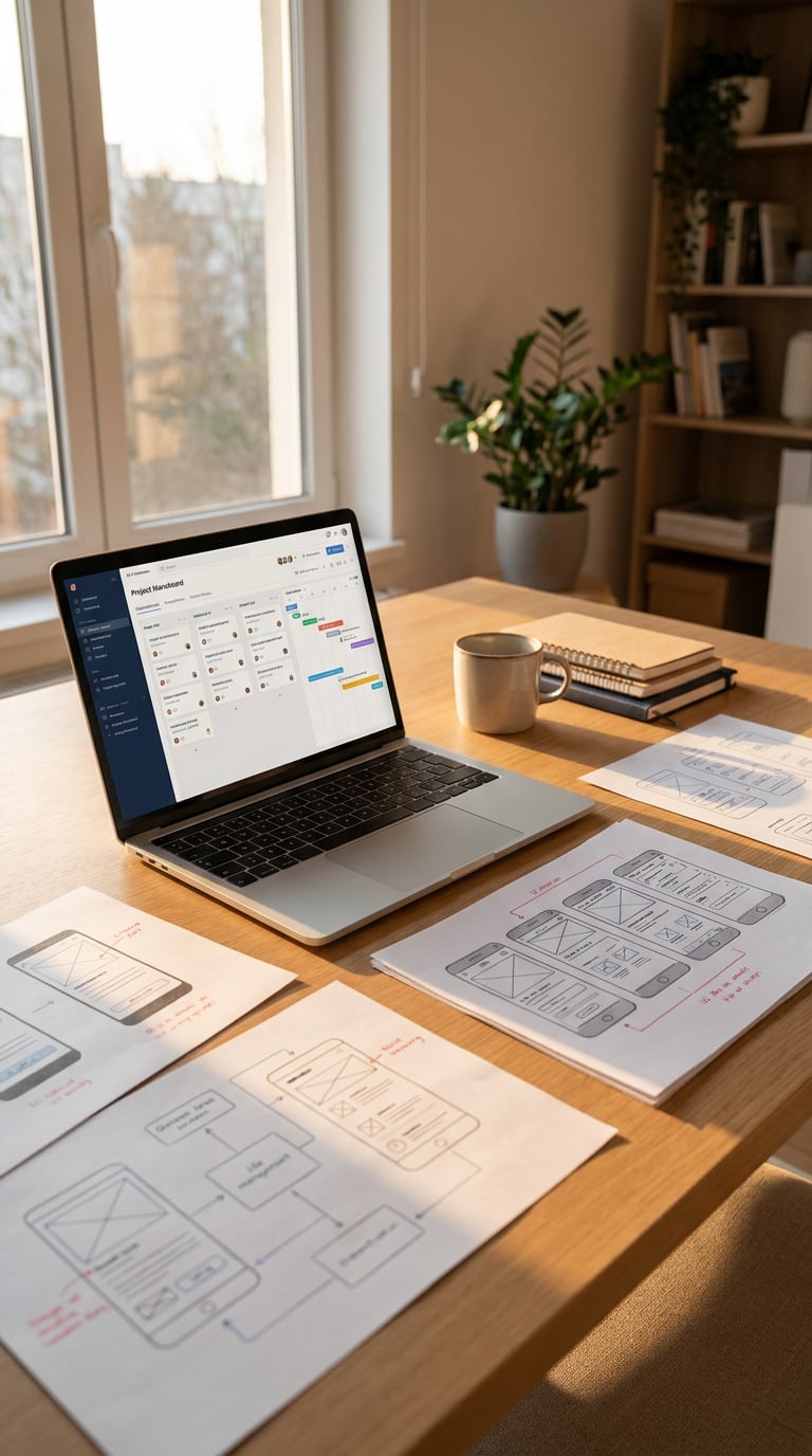 A workspace featuring a laptop with design mockups and a coffee cup on a wooden table.