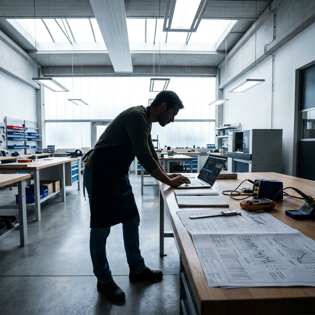 A man working on a laptop in a workshop filled with tools and equipment.