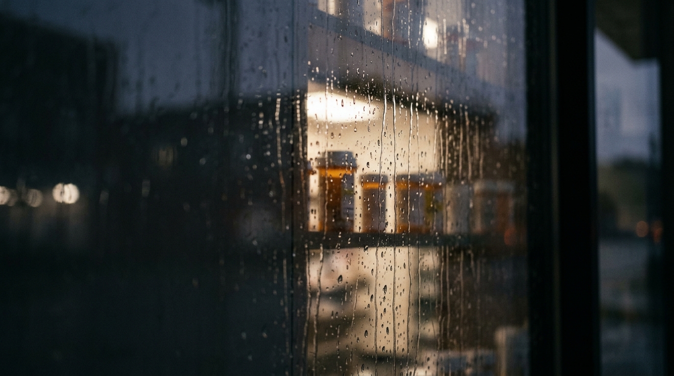 A close-up view of raindrops on a window with jars visible in the background.