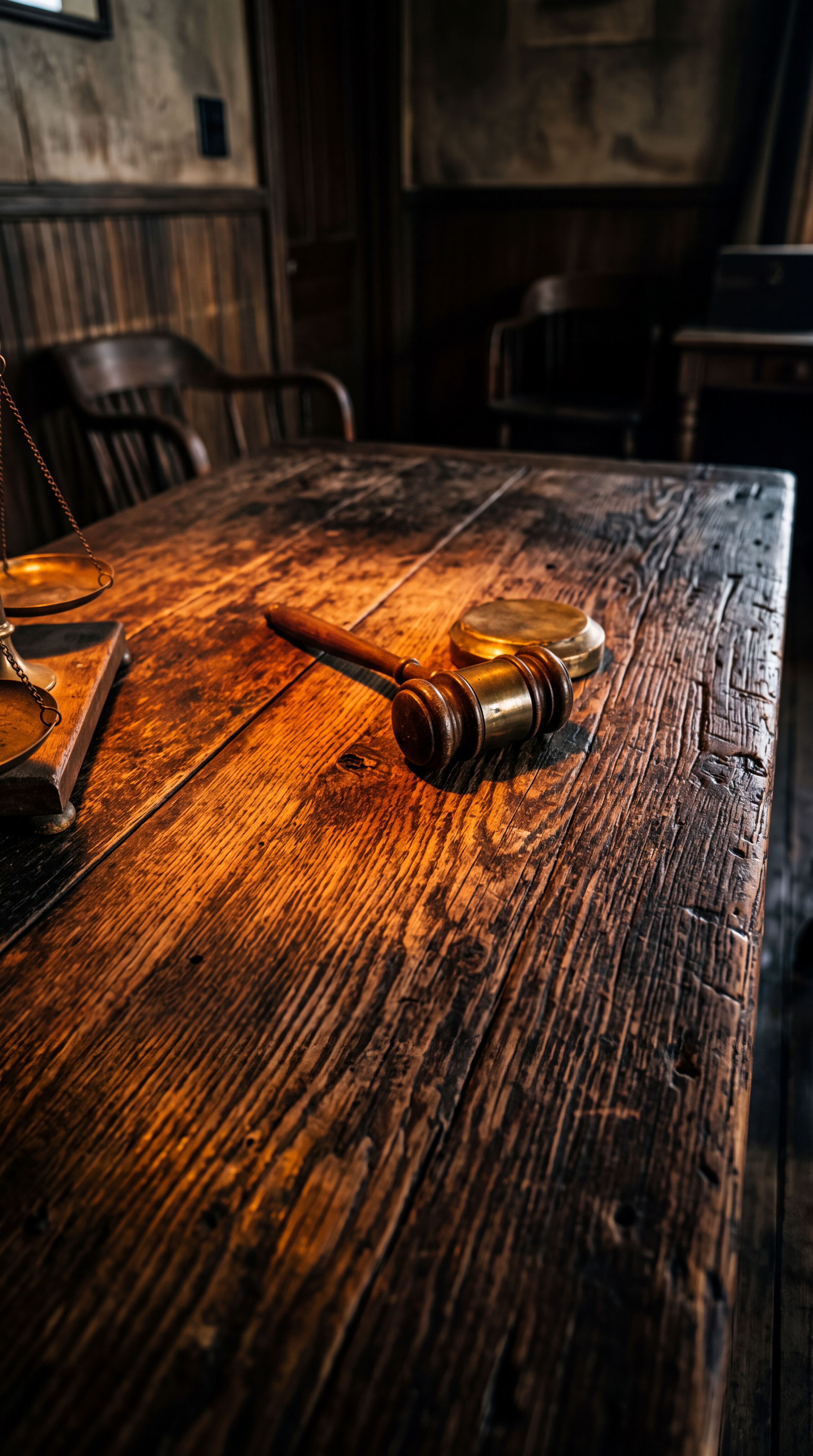 A wooden table with a gavel and a scale in a dimly lit room.