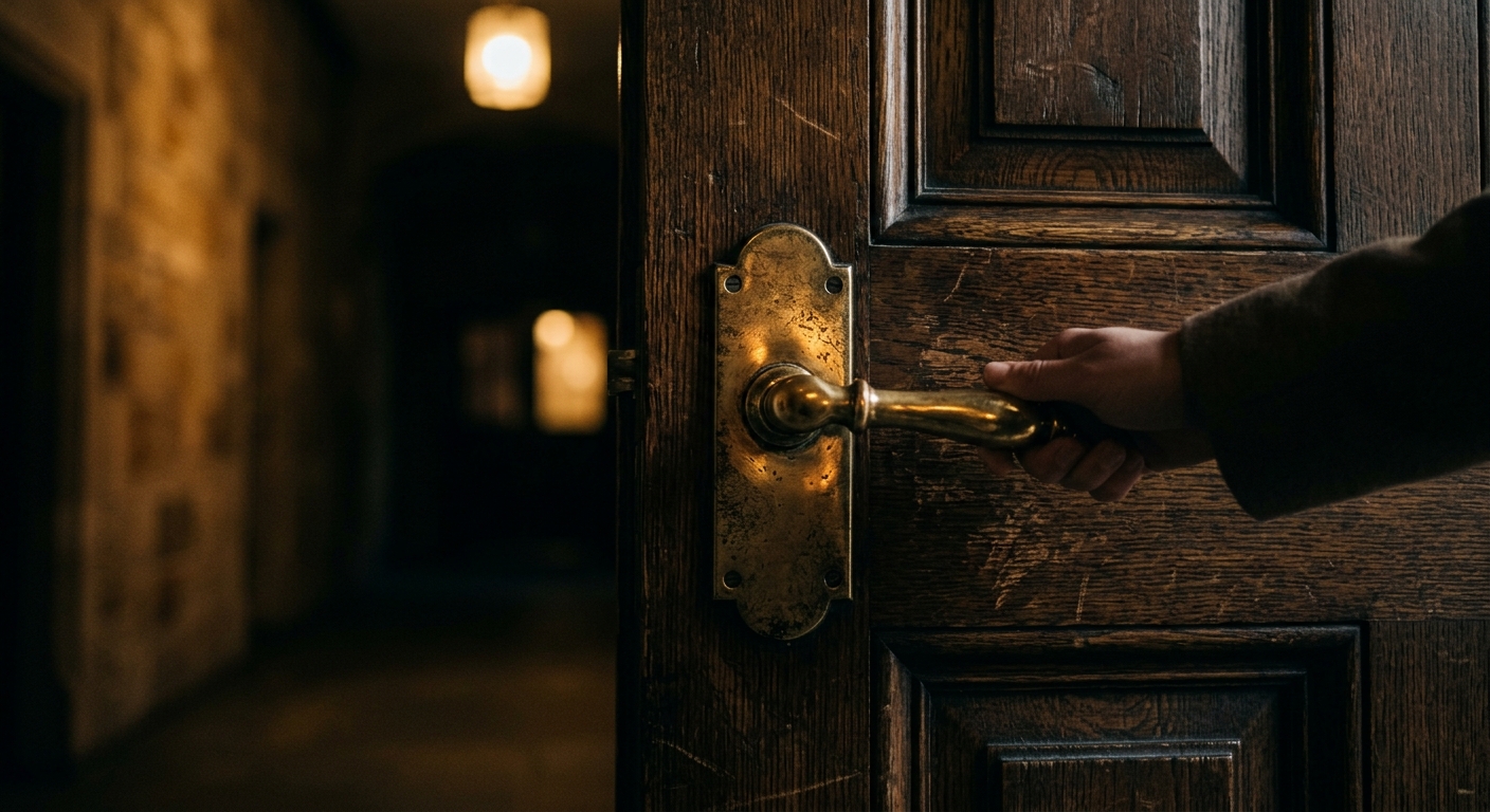 A person is opening a wooden door with a brass handle.