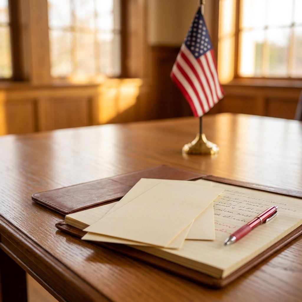 A wooden table with a notebook, envelopes, a pen, and a small American flag.
