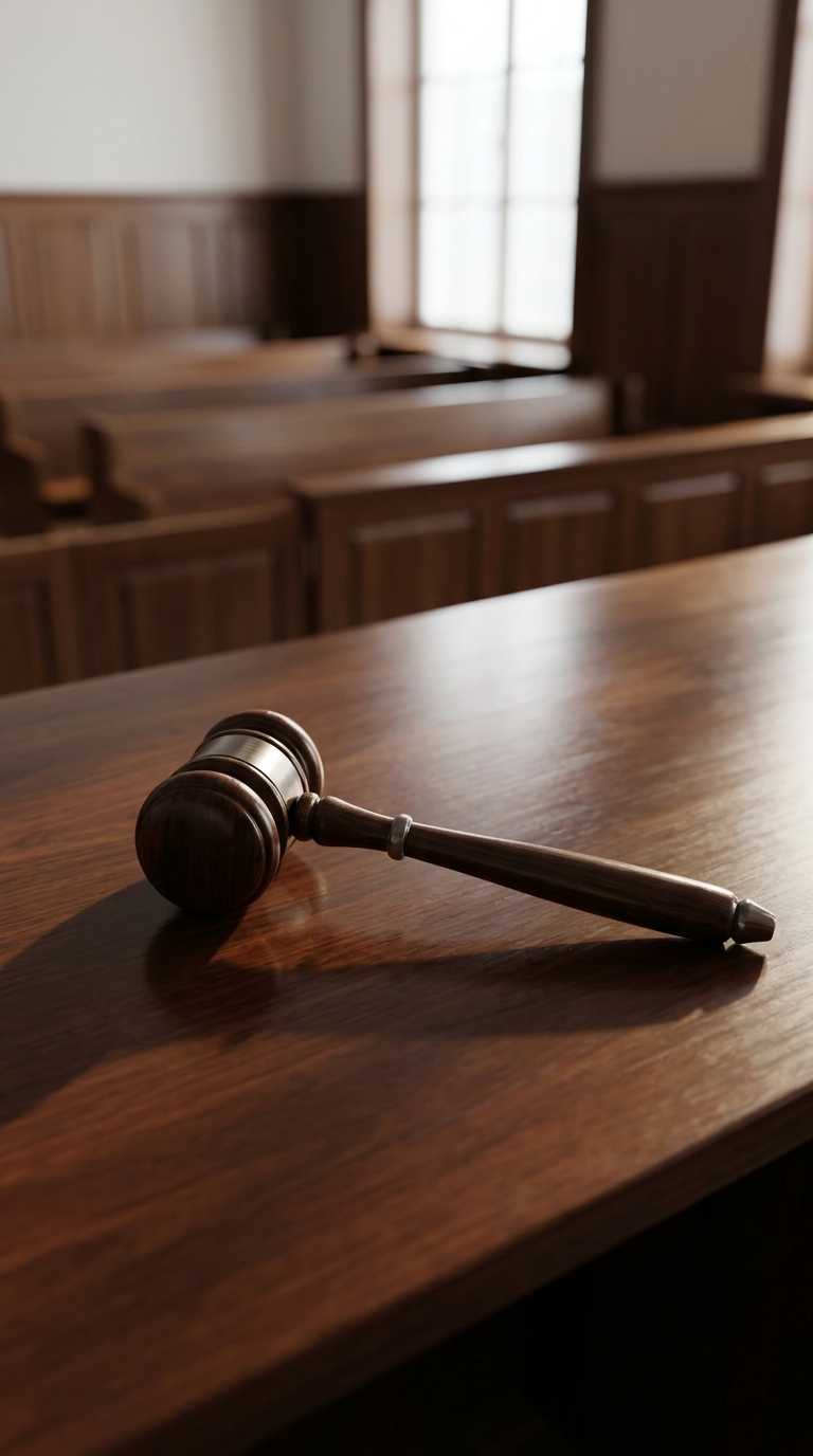 A wooden gavel rests on a polished wooden surface in a courtroom.