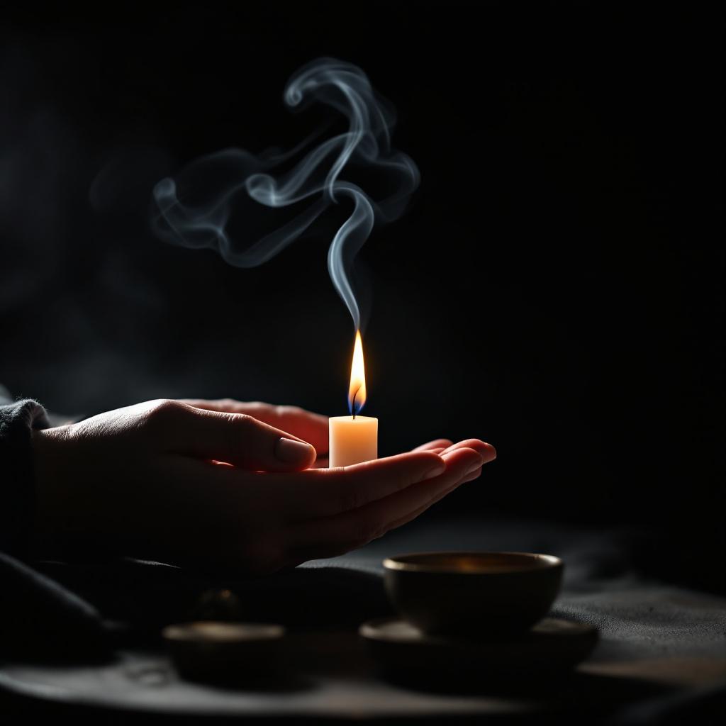 A hand holds a lit candle with smoke curling upwards against a dark background.