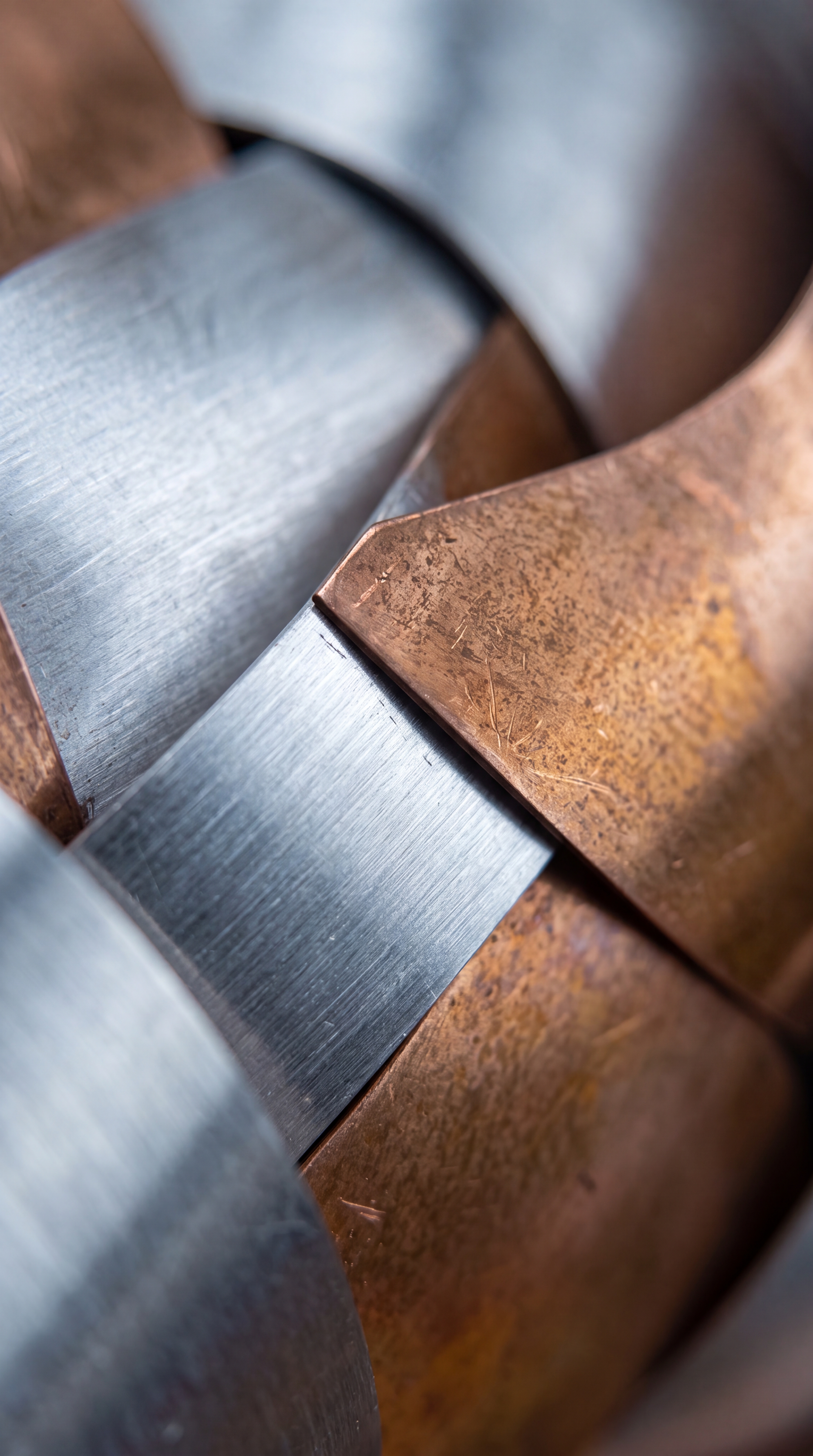 A close-up of intertwined metal strips featuring copper and steel.