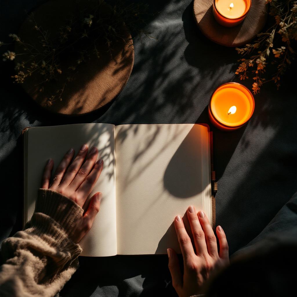 A person's hands are resting on an open blank notebook surrounded by candles and plants.