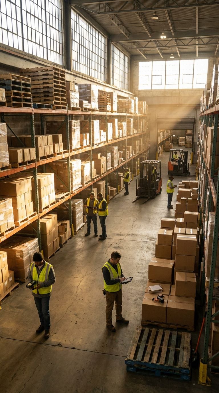 A warehouse filled with stacked boxes and workers in safety vests.
