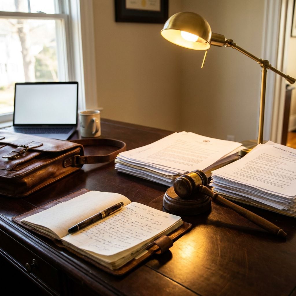 A desk with a laptop, a notebook, a pen, a gavel, and stacks of papers.