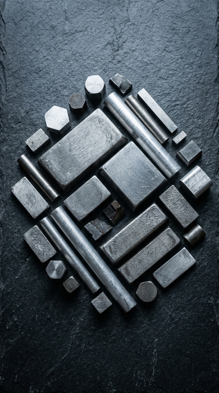 An arrangement of various metal shapes and bars on a dark surface.