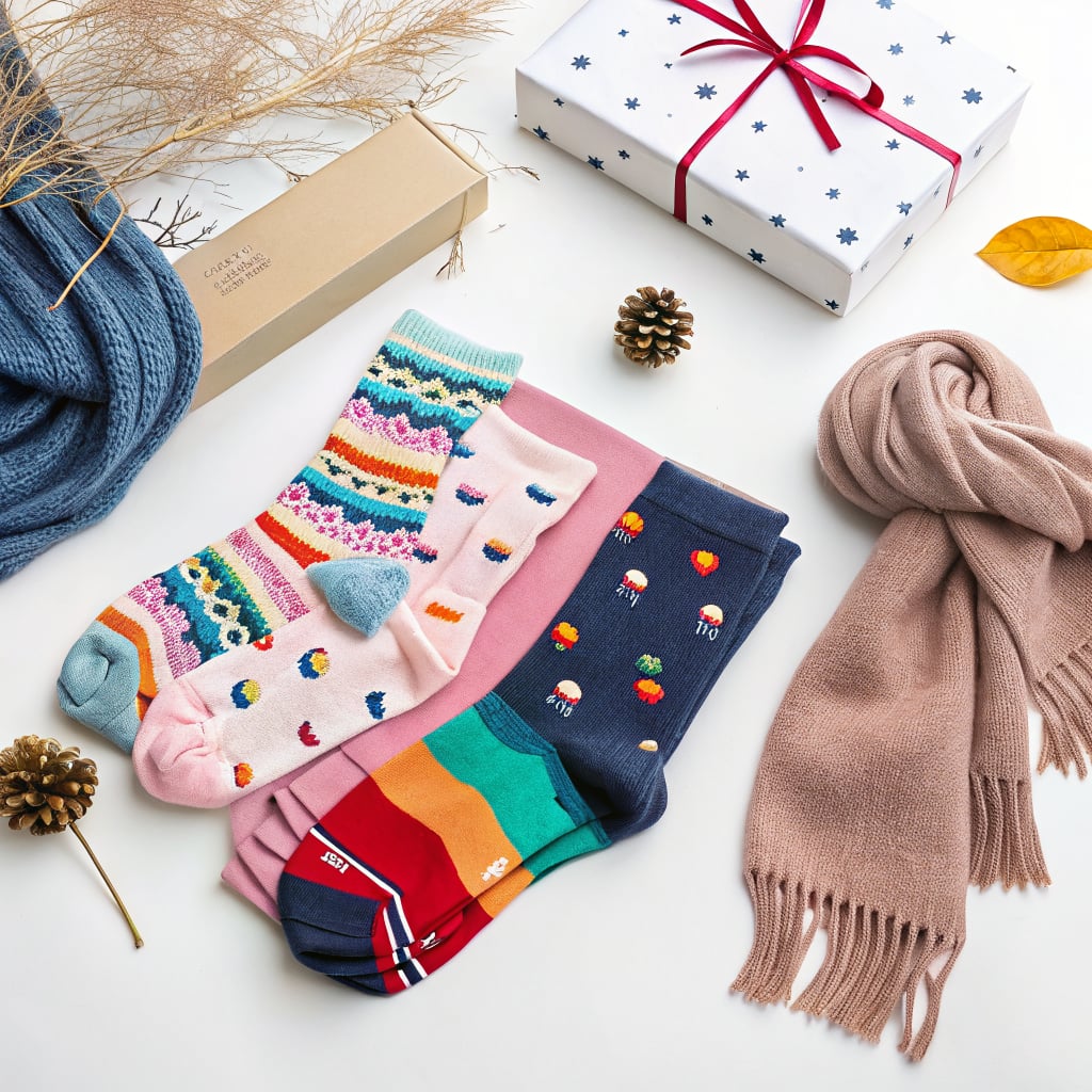 A collection of colorful socks arranged with a gift box and decorative items.