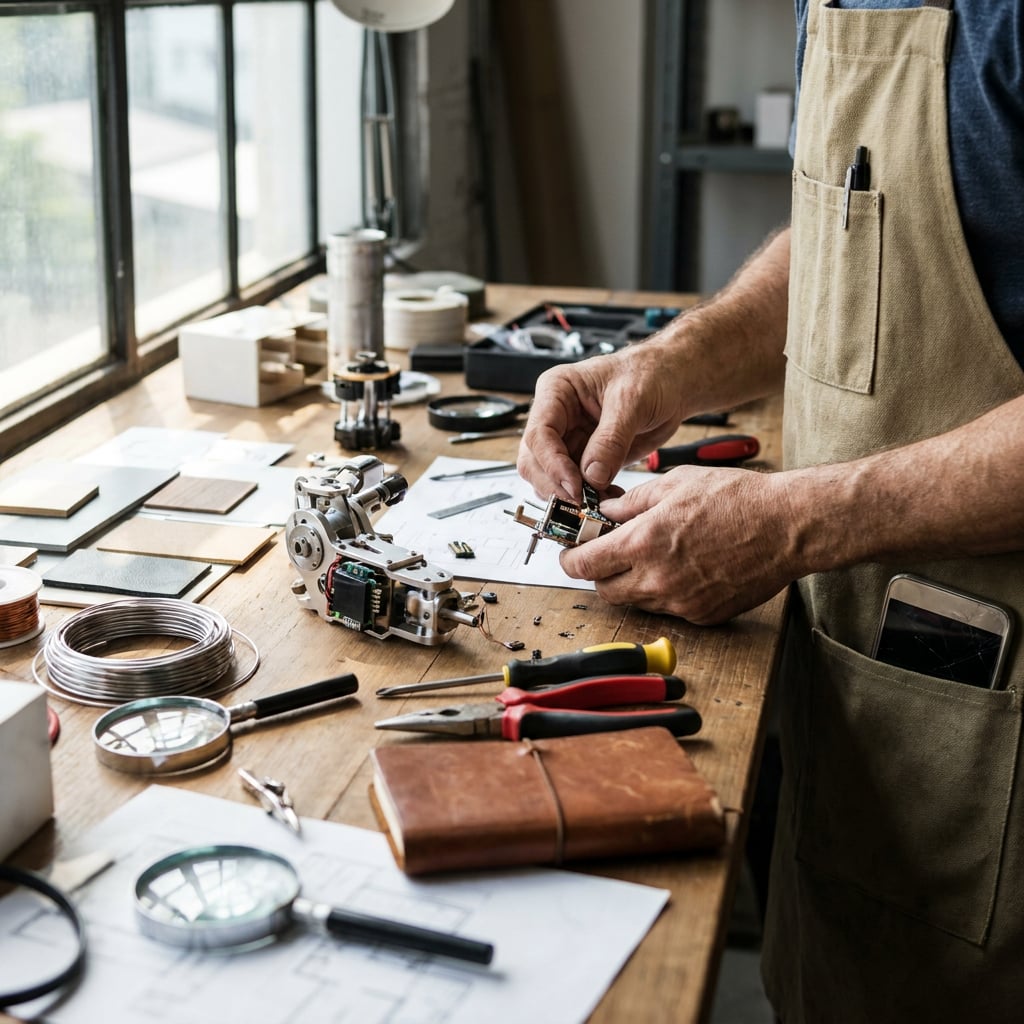 A person working on mechanical components at a cluttered workbench.