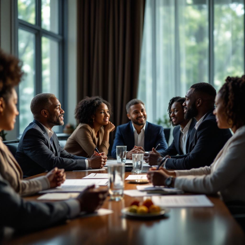 A group of professionals engaged in a meeting around a conference table.