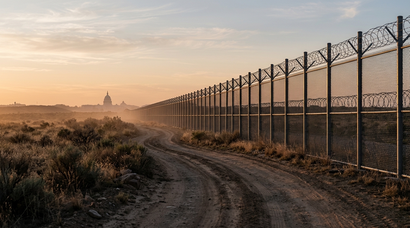 A dirt road runs alongside a tall fence with barbed wire, leading towards a distant building at sunset.