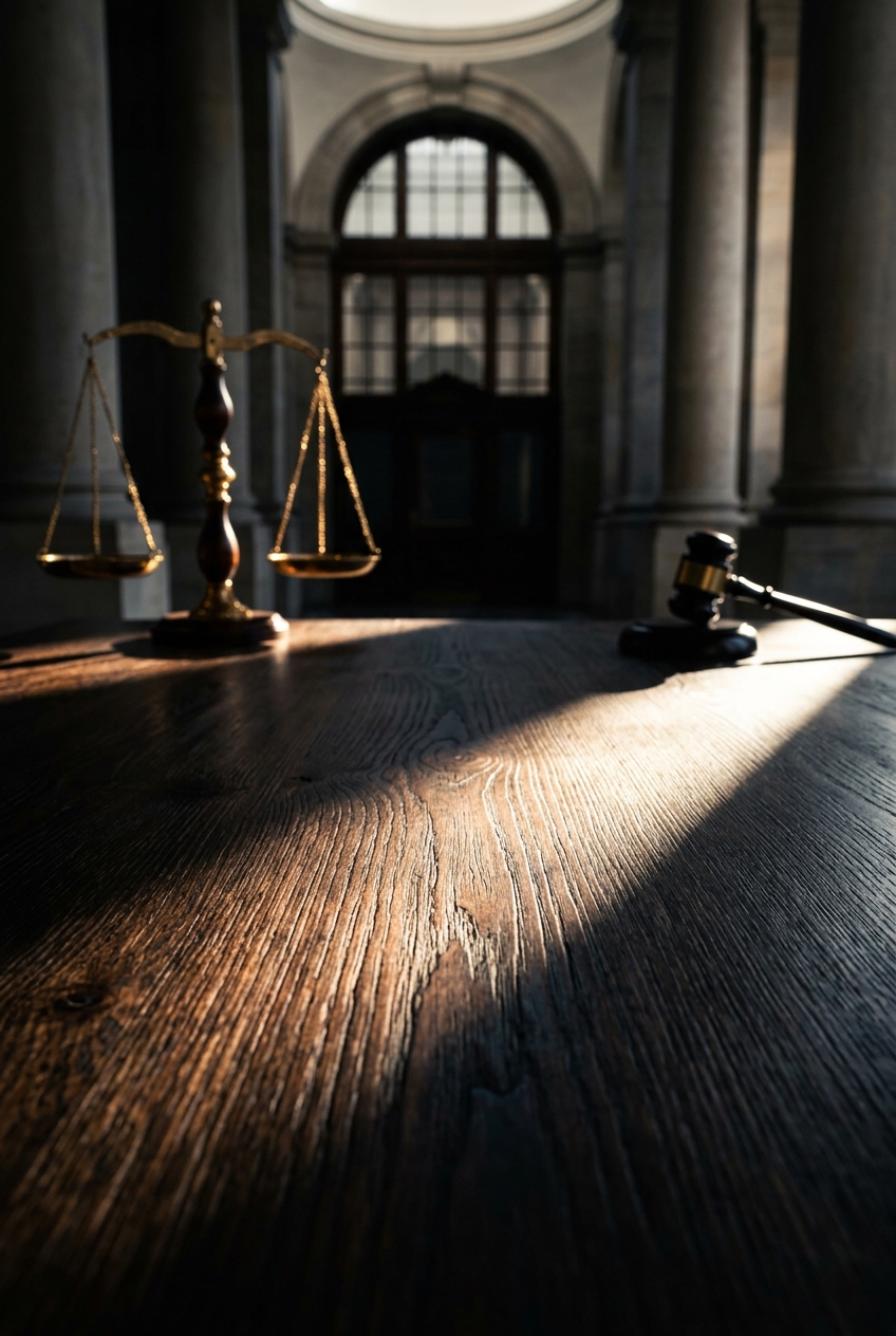 A wooden table with a gavel and scales of justice in a courtroom setting.