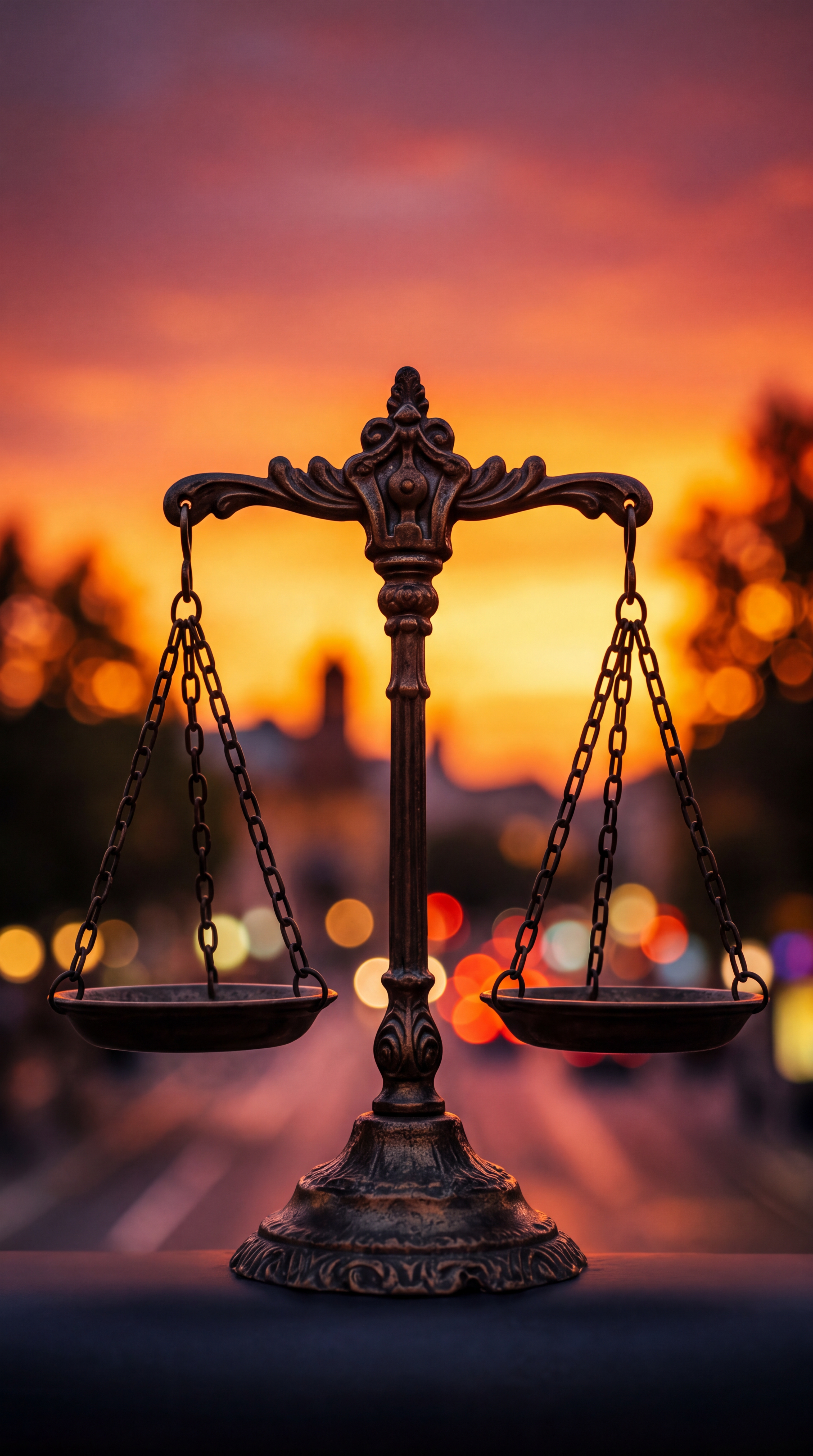 A close-up of a traditional balance scale against a sunset background.