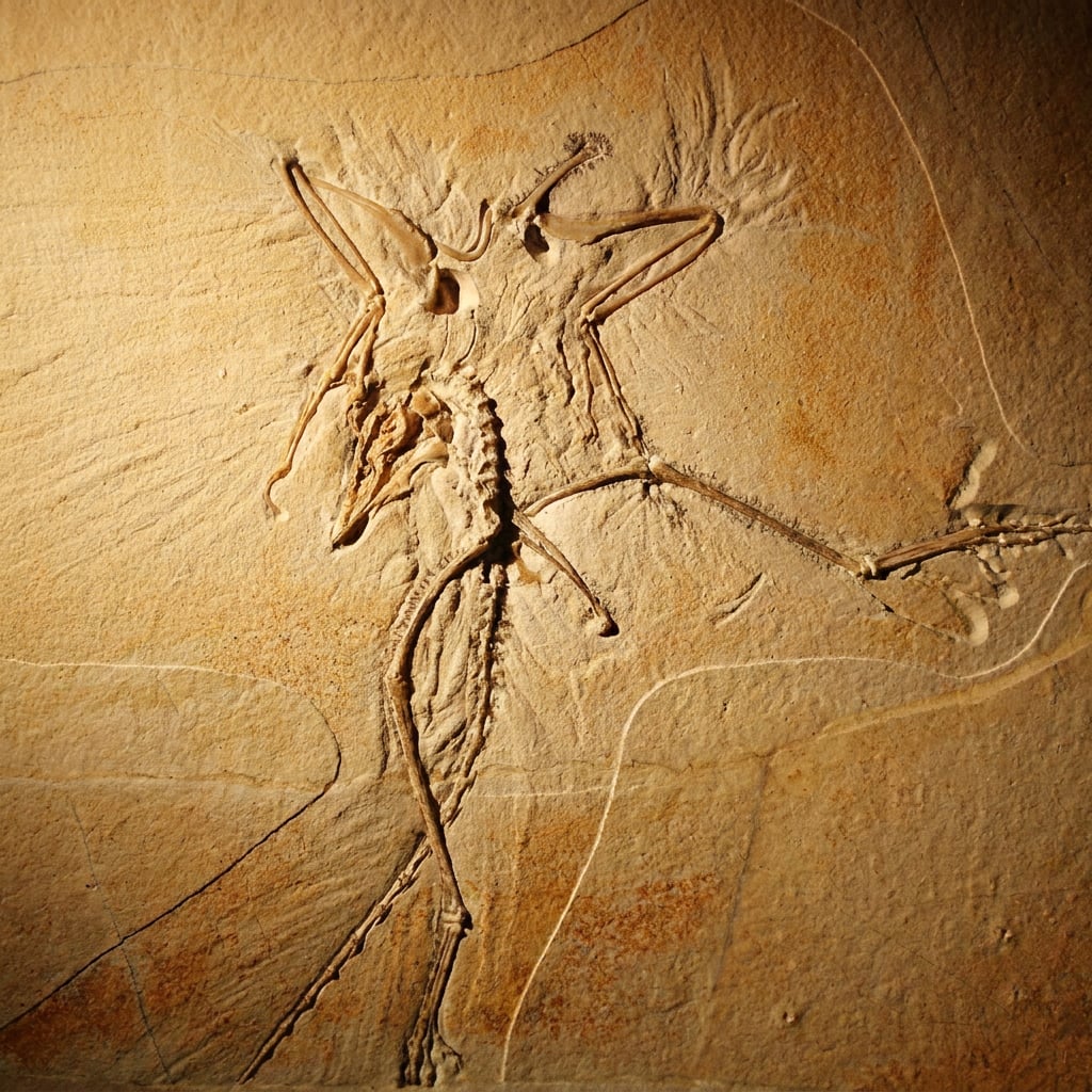 The image shows a fossilized skeleton of a prehistoric creature embedded in stone.