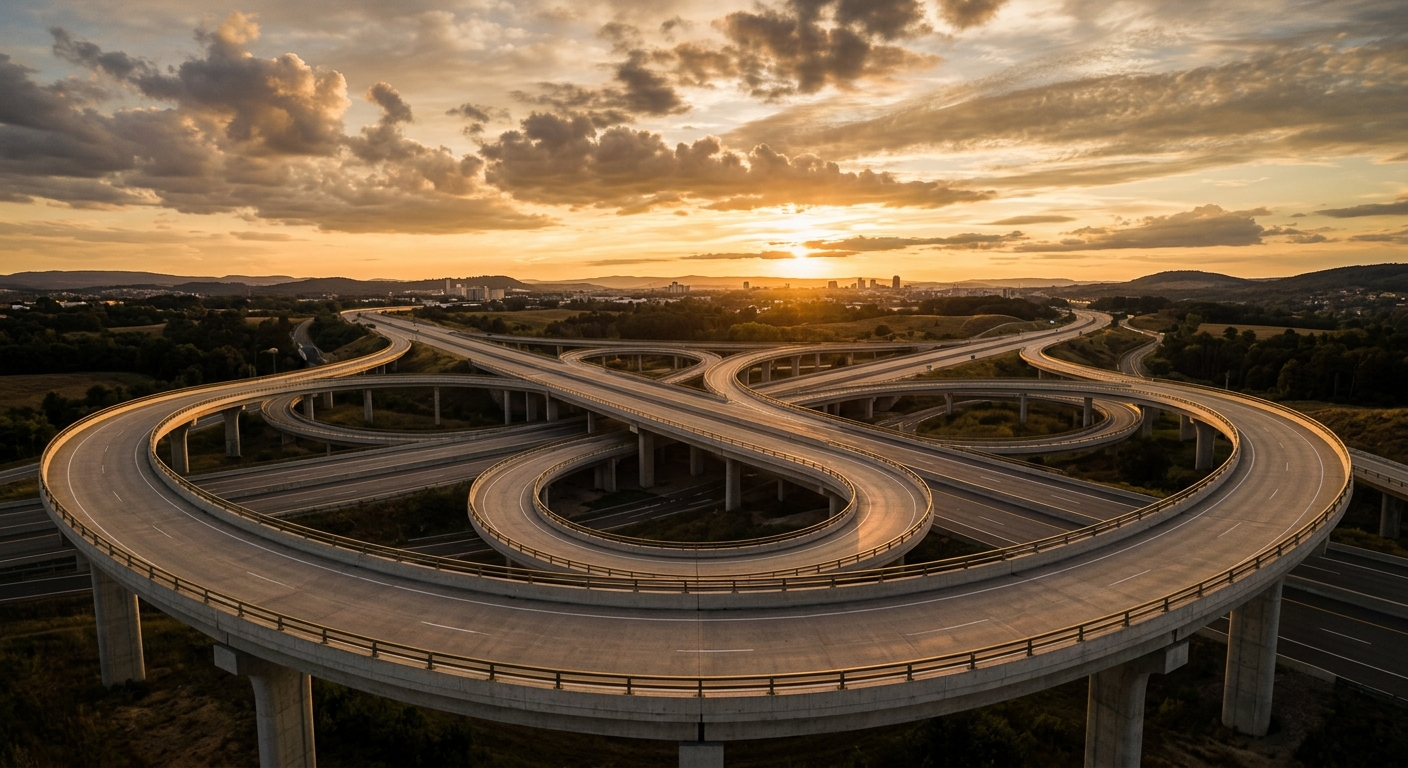 An aerial view of a complex highway interchange during sunset.