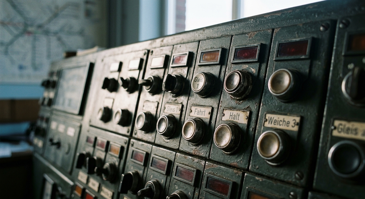 A close-up view of an old control panel with various buttons and labels.